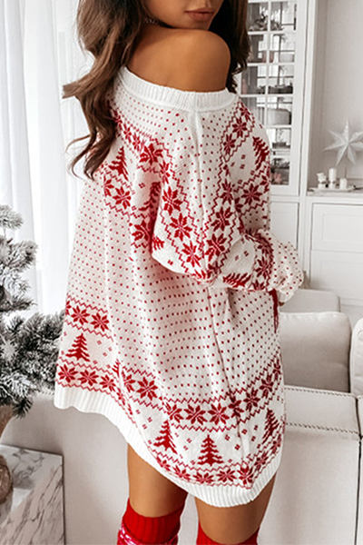 Stilla | Wapiti Casual Pullover Med Snefnug og Juletrætryk, Kontrastierende Patchwork Kjole Med Rund Halsudskæring
