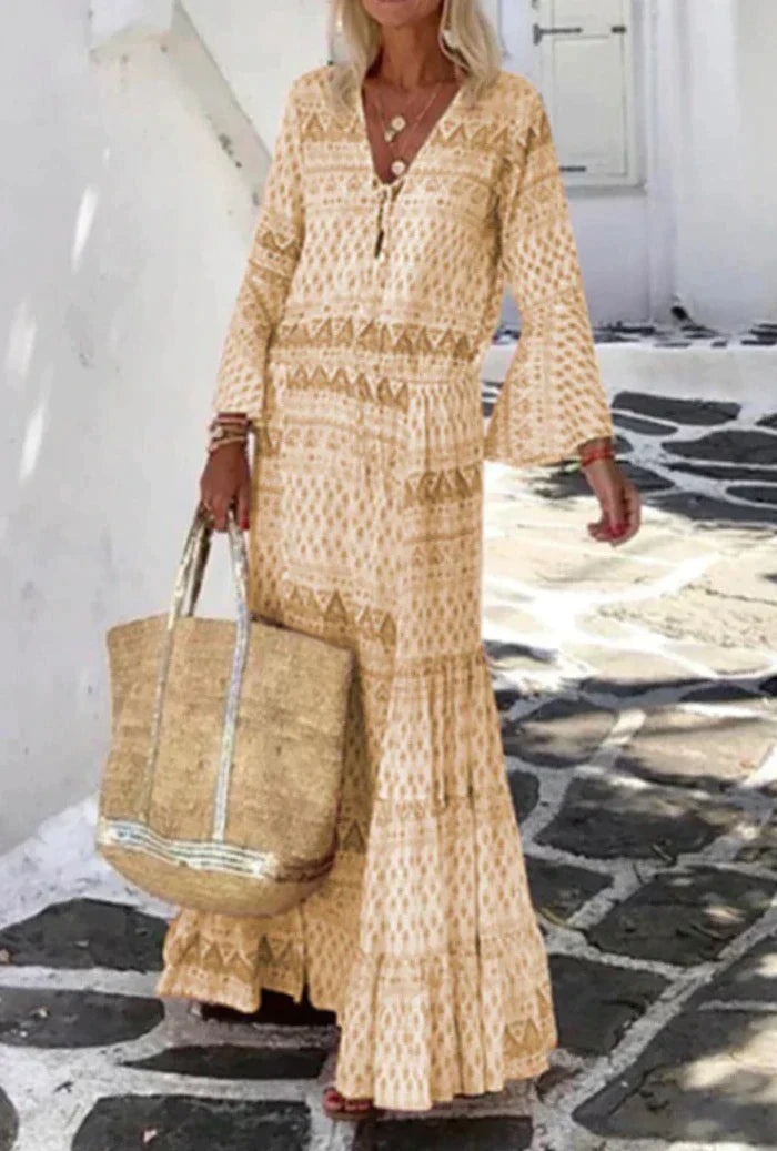 Stilla | Casual Print Patchwork V Hals Kage Kjole