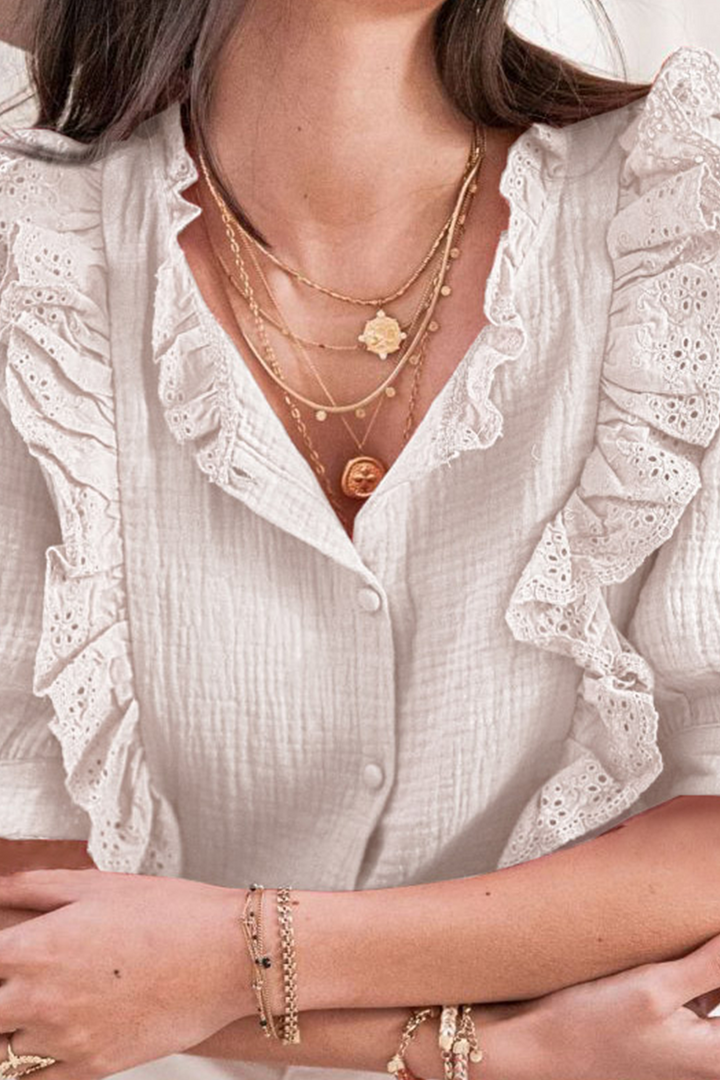 Stilla | Afslappet Solid Lace Skulder Krave Toppe