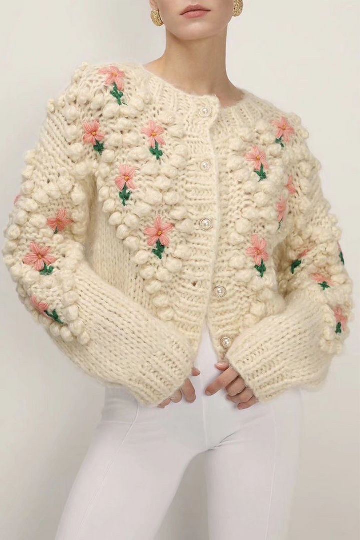 Stilla | Løs Patchwork Strikpullover Med Dybt Strikjakke Udsnit