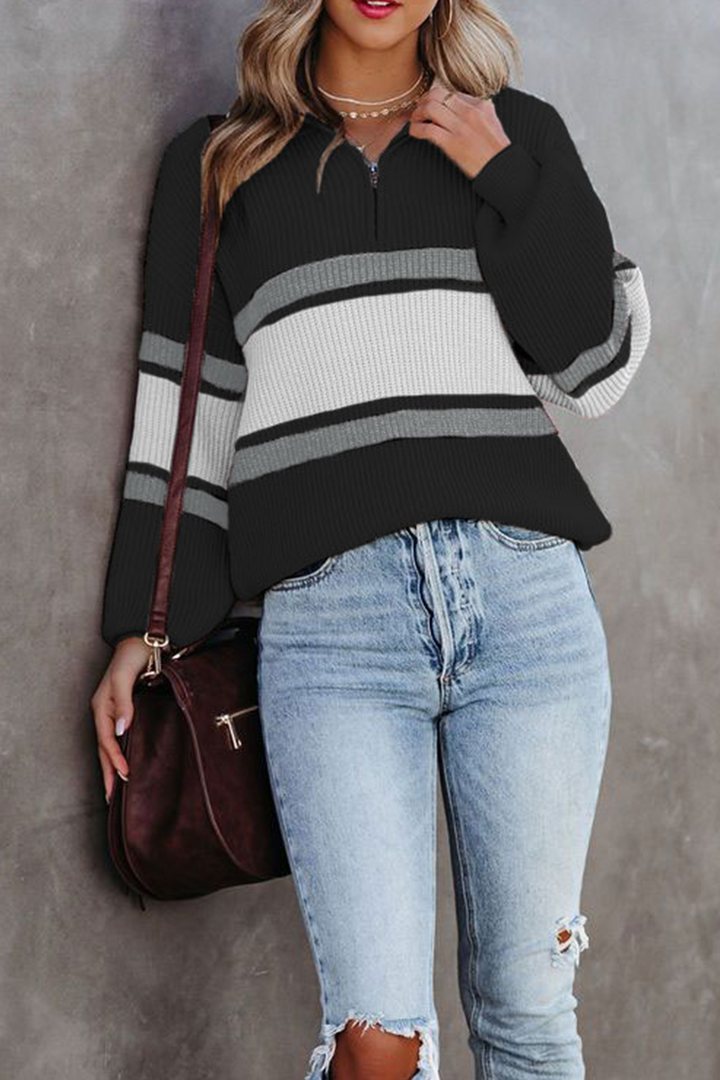 Stilla | Pullover Patchwork Uni Løs Med Lynlås Krave