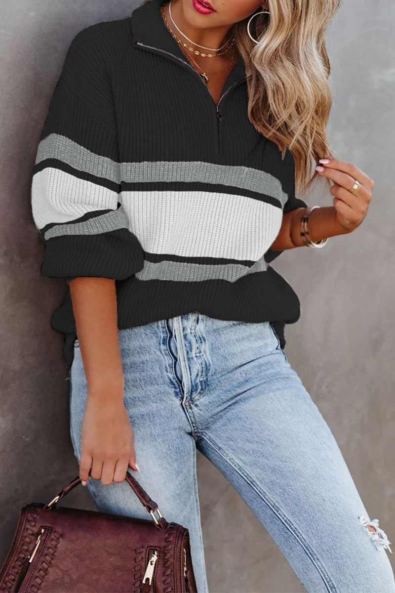 Stilla | Pullover Patchwork Uni Løs Med Lynlås Krave