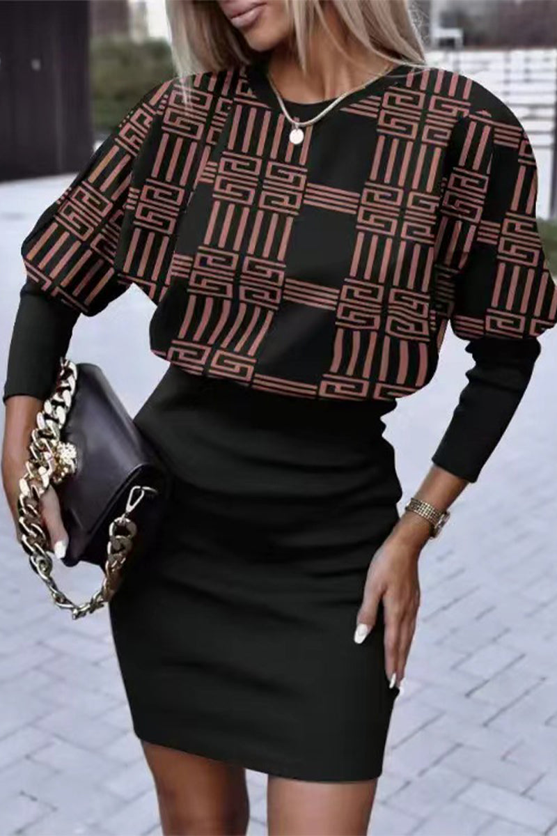 Stilla | Afslappet Street Solid Color Block Print O Hals Indpakket Nederdel Kjoler