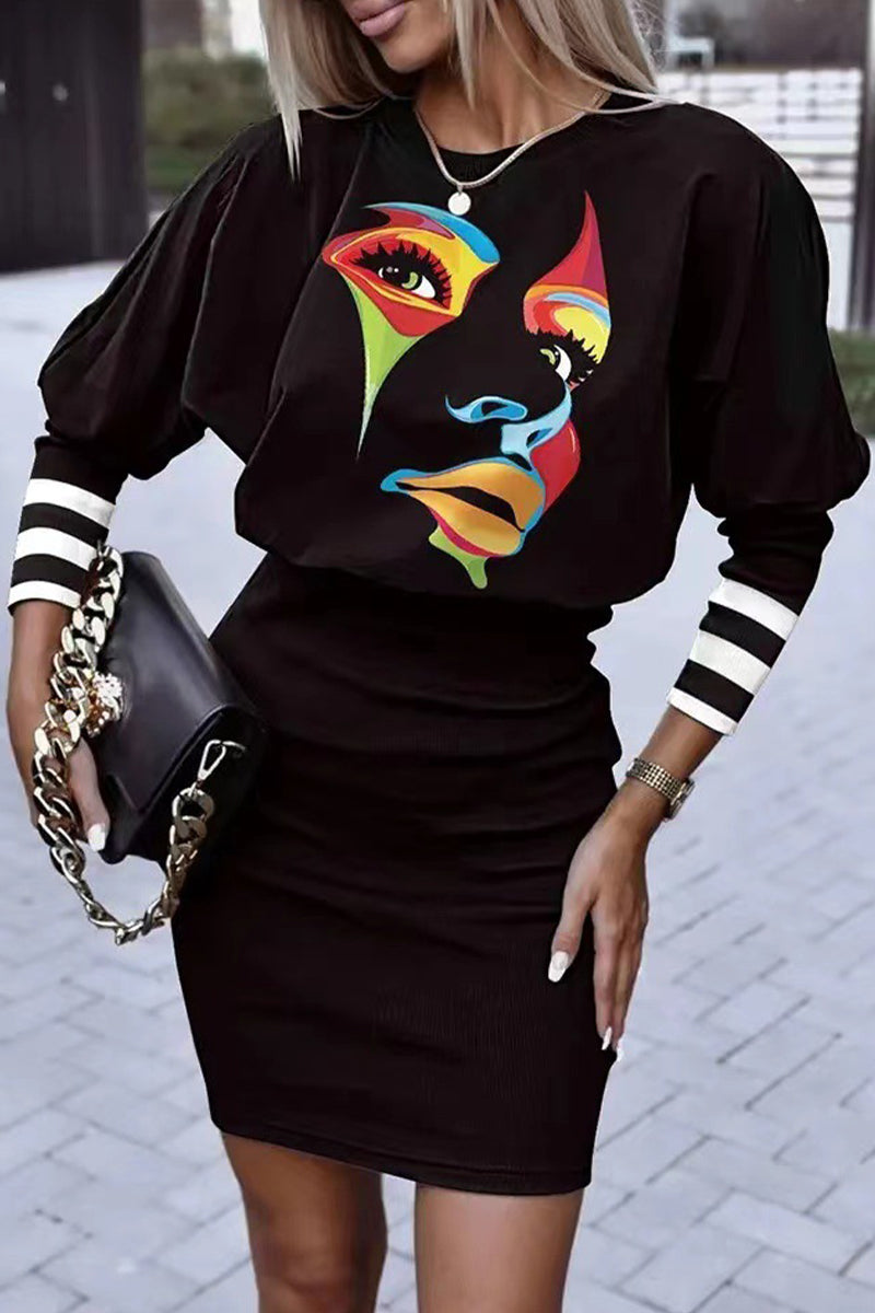 Stilla | Afslappet Street Solid Color Block Print O Hals Indpakket Nederdel Kjoler