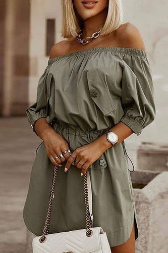 Stilla | Simplicity Solid Draw String Off the Shoulder A-line Kjoler