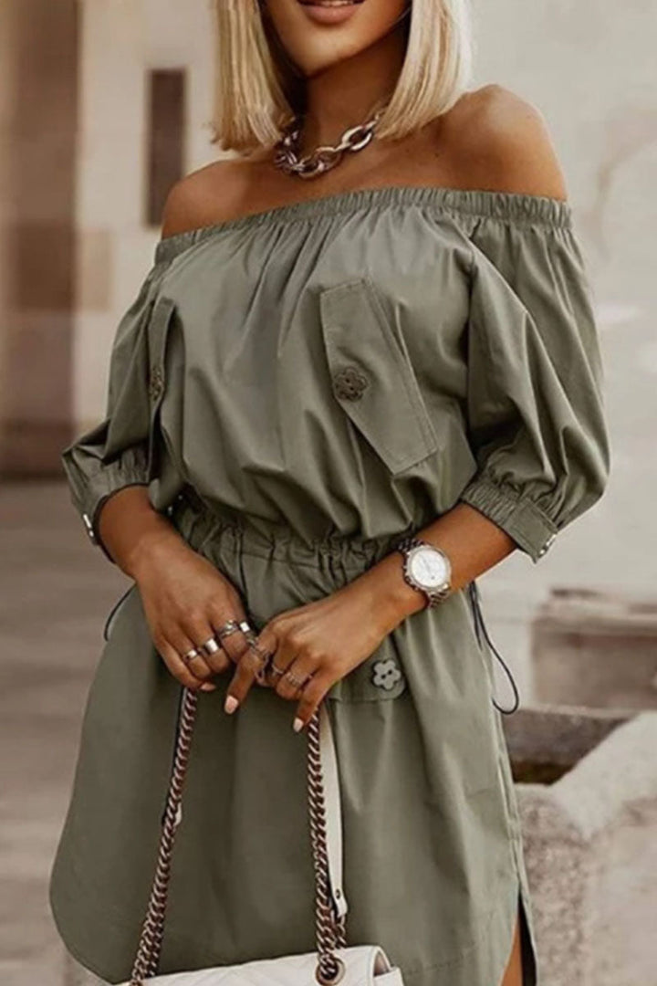 Stilla | Simplicity Solid Draw String Off the Shoulder A-line Kjoler