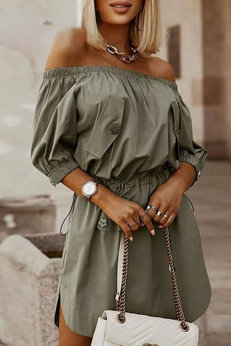 Stilla | Simplicity Solid Draw String Off the Shoulder A-line Kjoler