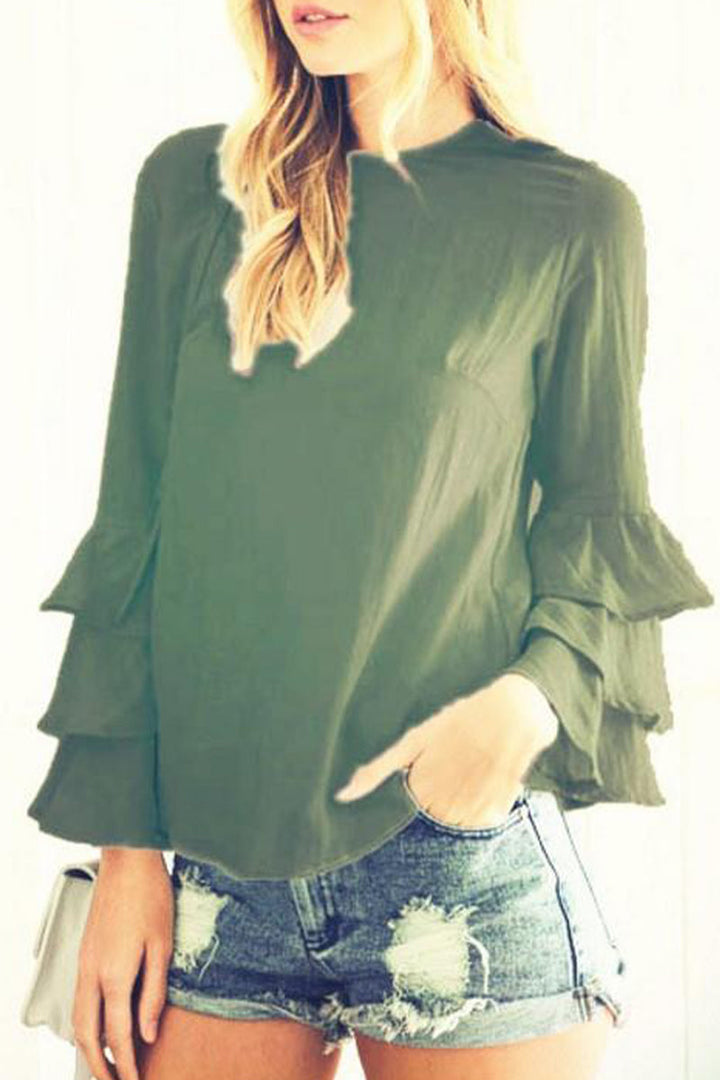 Stilla | Afslappet Solid Flounce O Neck Tops