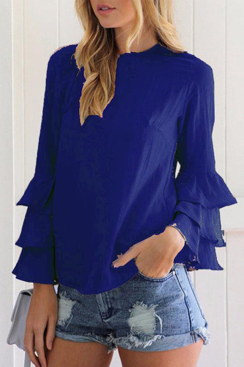 Stilla | Afslappet Solid Flounce O Neck Tops