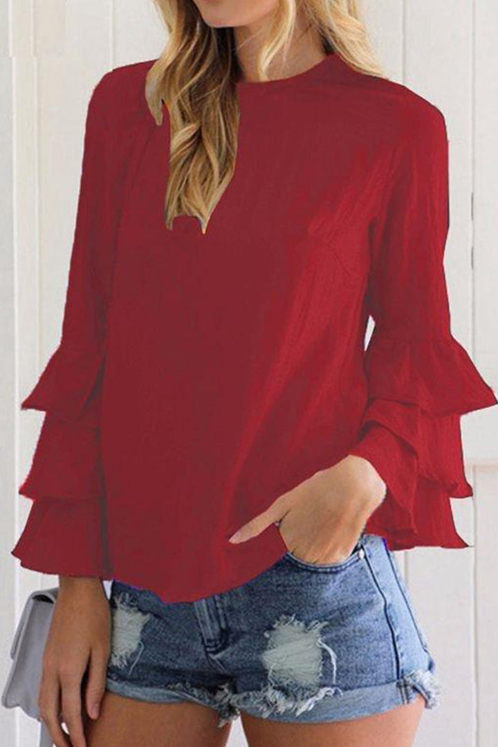 Stilla | Afslappet Solid Flounce O Neck Tops