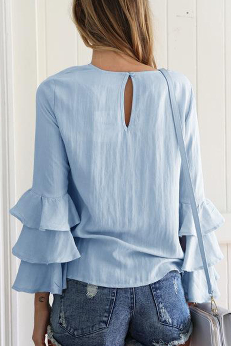 Stilla | Afslappet Solid Flounce O Neck Tops