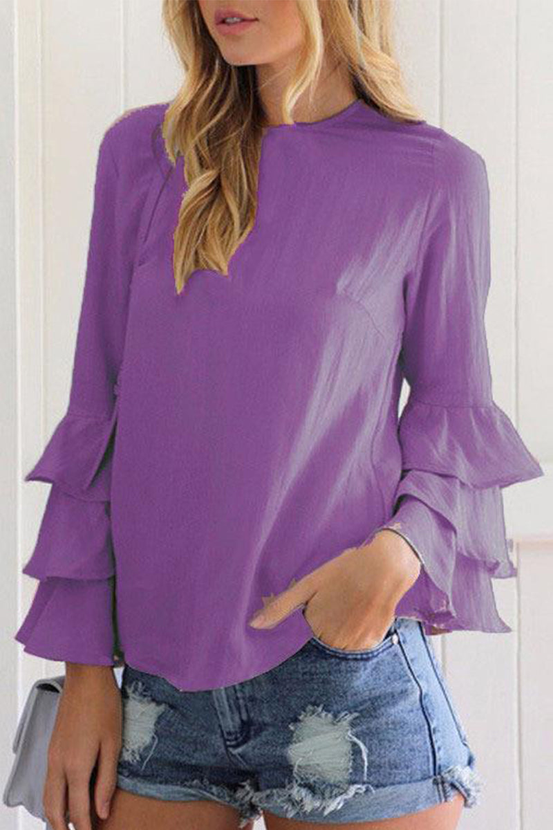 Stilla | Afslappet Solid Flounce O Neck Tops