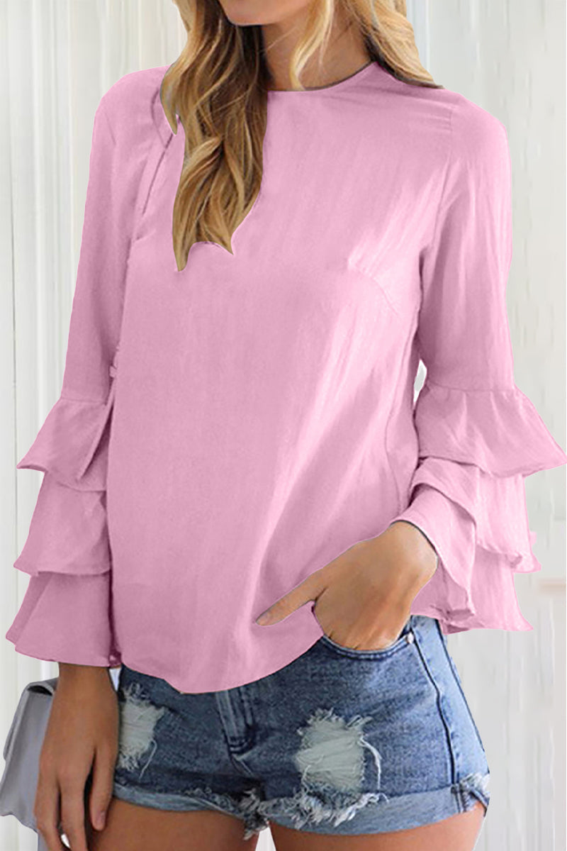 Stilla | Afslappet Solid Flounce O Neck Tops