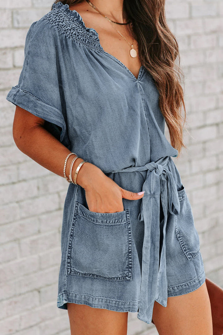 Stilla | Gade Solid Make Old V-hals Kort Ærme Høj Talje Løs Denim Jumpsuit