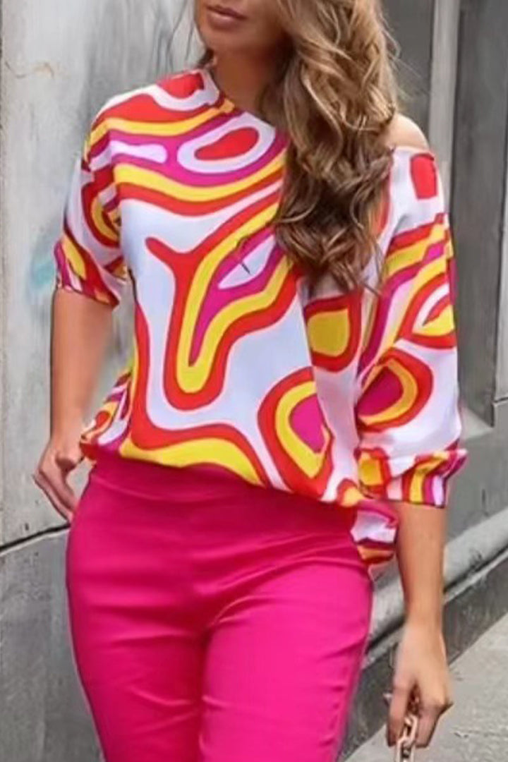 Stilla | Arbejde Elegant Print Patchwork Skrå Krave T-shirts