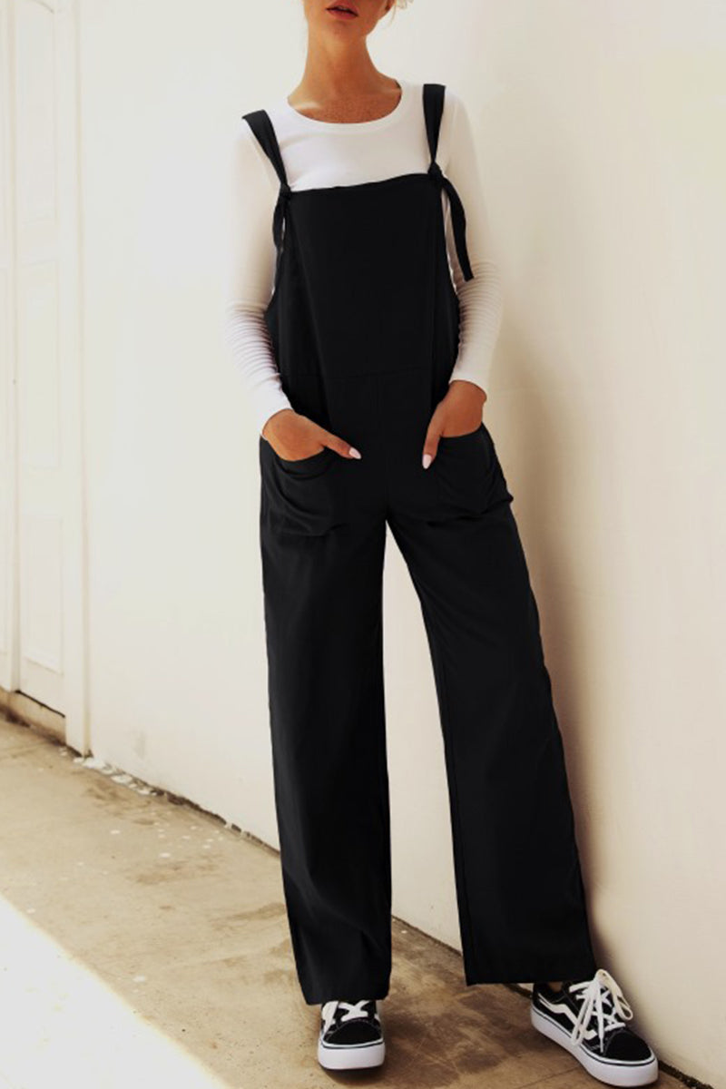 Stilla | Afslappet Solid Make Old Patchwork Square Collar Loose Jumpsuits