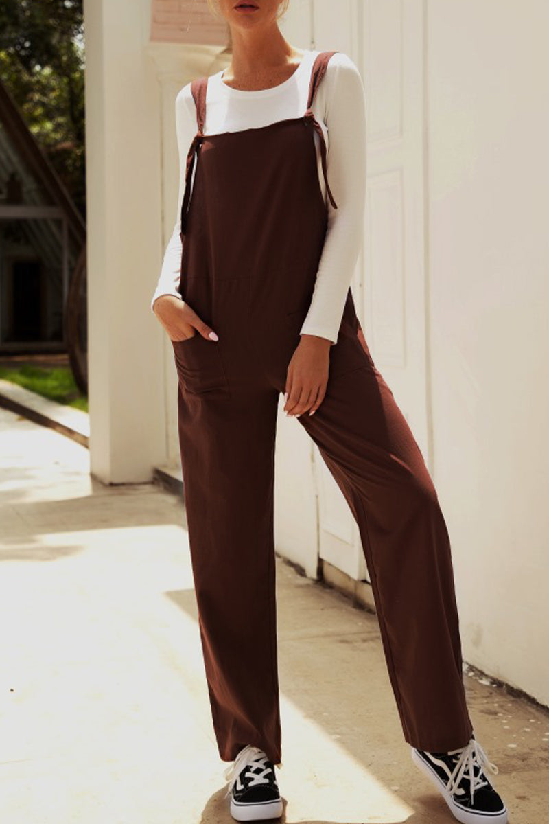 Stilla | Afslappet Solid Make Old Patchwork Square Collar Loose Jumpsuits
