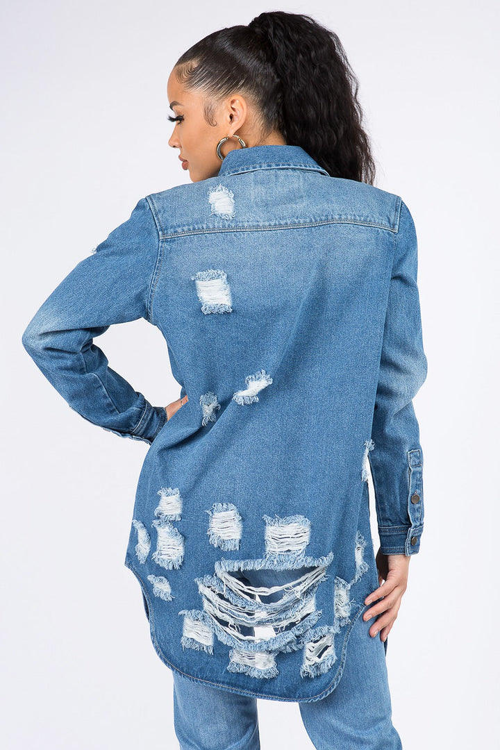 Stilla | Bazi Distressed Knap Ned Denim Skjorte Jakke