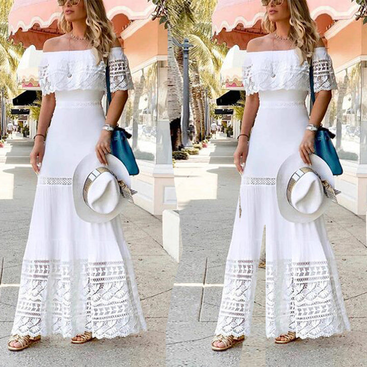 Dame maxikjole med romantisk spidsafslutning og off-shoulder design Stilla