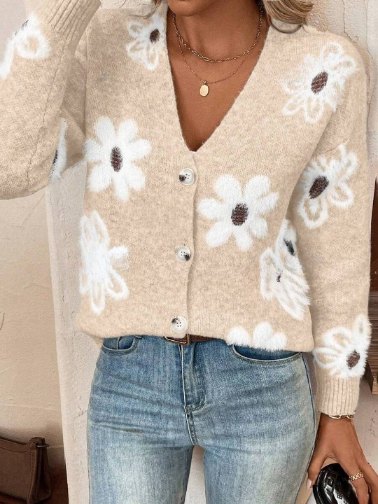 Stilla | Strikjakke med blomster mønster