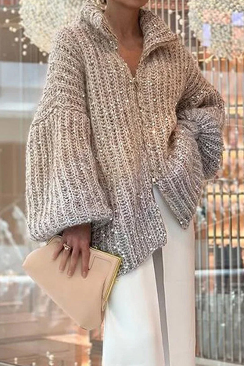 Stilla | Elegant Casual Celebrities Pullover med Pailletter og Omfoldet Krave