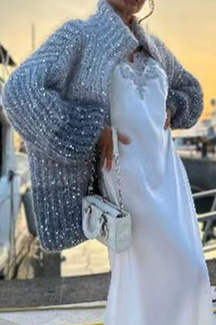 Stilla | Elegant Casual Celebrities Pullover med Pailletter og Omfoldet Krave