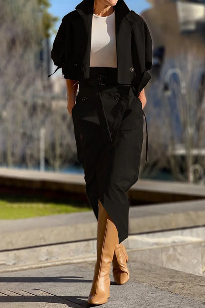 Stilla | Britisk stil, Elegant, Ensfarvet, Lommerknapper, Slå-krave, Lange ærmer, To-delt