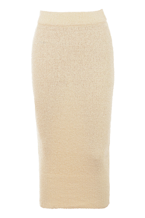 Stilla | Cremefarvet Blød Boucléstrikket Cropped Trøje Med Midi Nederdel
