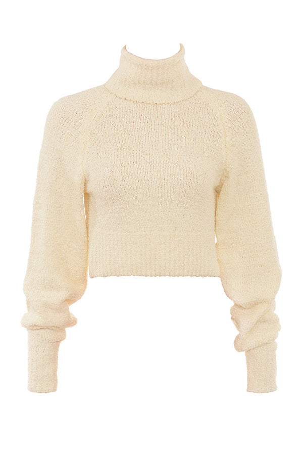 Stilla | Cremefarvet Blød Boucléstrikket Cropped Trøje Med Midi Nederdel