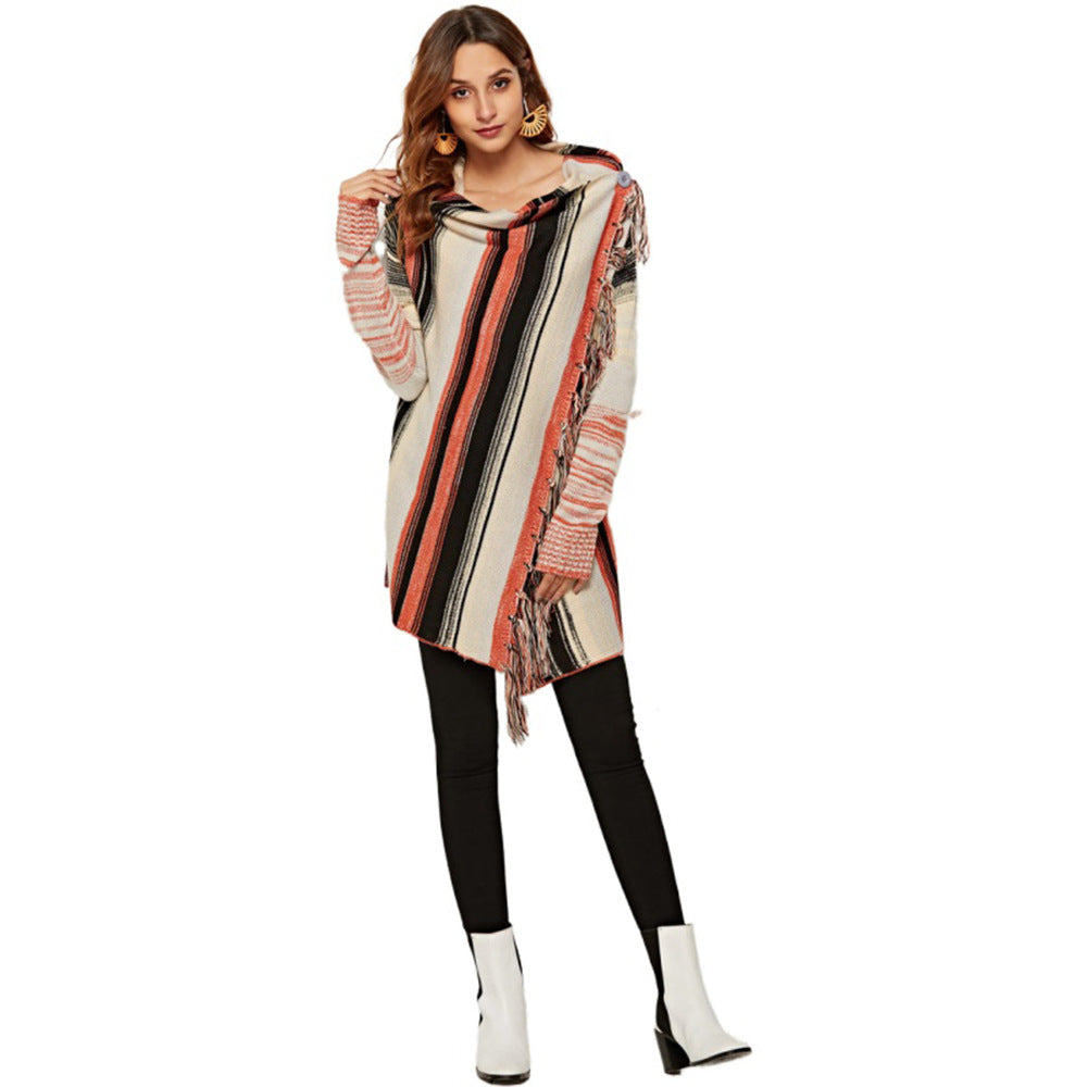 Kvinders fashionable cardigan med frynser og typisk stribet mønster Stilla
