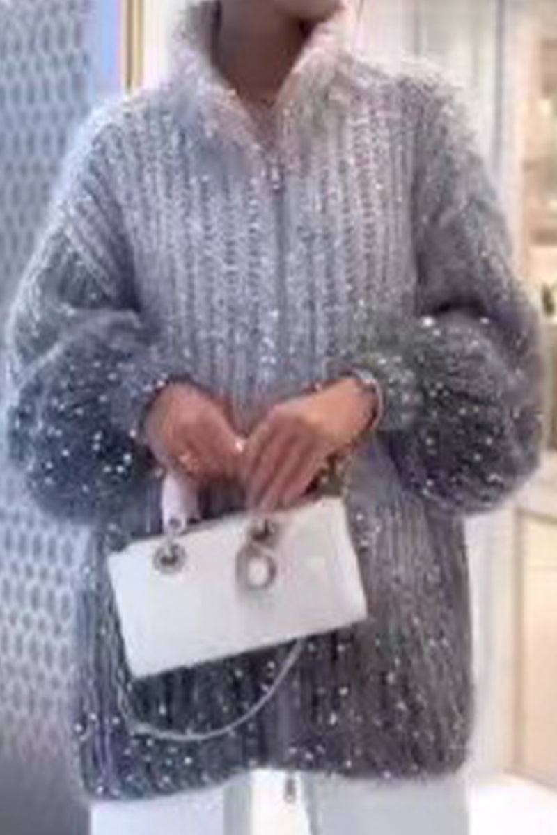 Stilla | Elegant Casual Celebrities Pullover med Pailletter og Omfoldet Krave