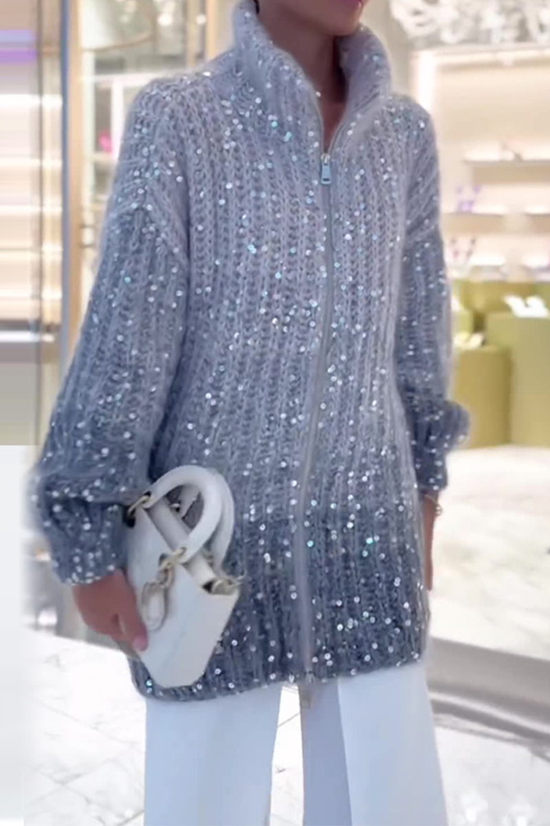 Stilla | Elegant Casual Celebrities Pullover med Pailletter og Omfoldet Krave