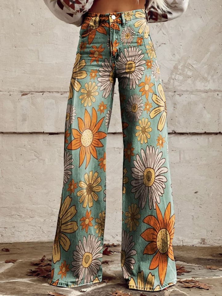 Stilla | Vintage Blomstrede Kvinders Wide Leg Bukser