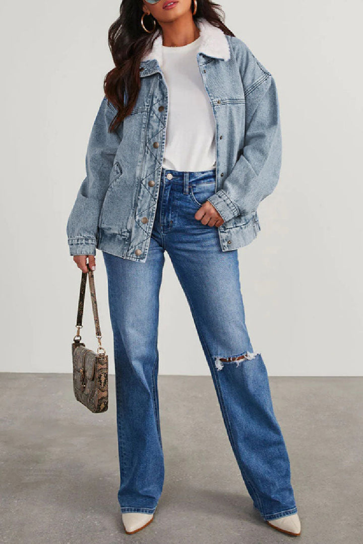 Stilla | Solid Patchwork Krumme Krave Lange Ærme Regular Denimjakke