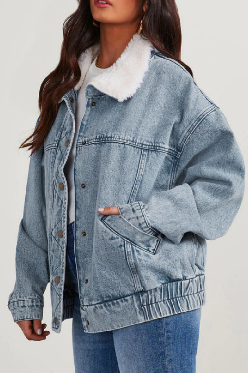 Stilla | Solid Patchwork Krumme Krave Lange Ærme Regular Denimjakke