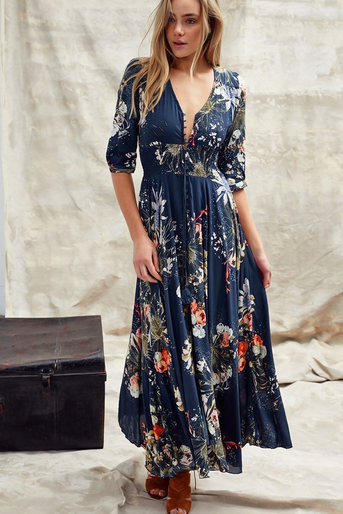 Stilla | Boho Maxi Kjole Med V-Udskæring