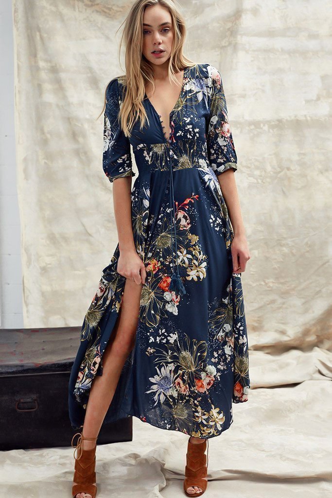 Stilla | Boho Maxi Kjole Med V-Udskæring