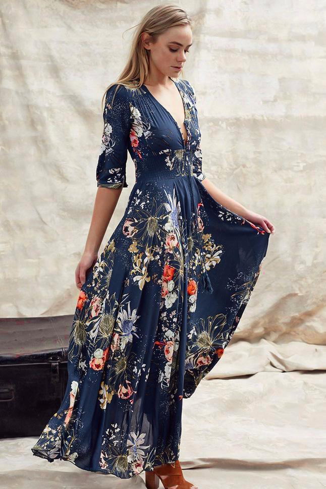 Stilla | Boho Maxi Kjole Med V-Udskæring