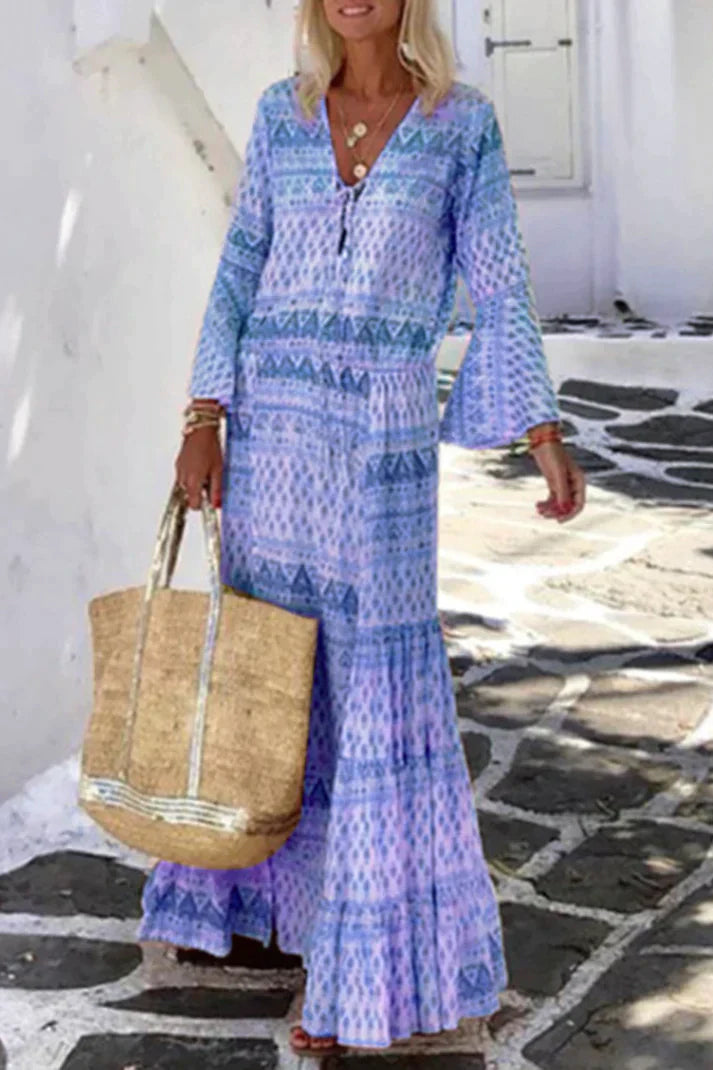 Stilla | Casual Print Patchwork V Hals Kage Kjole