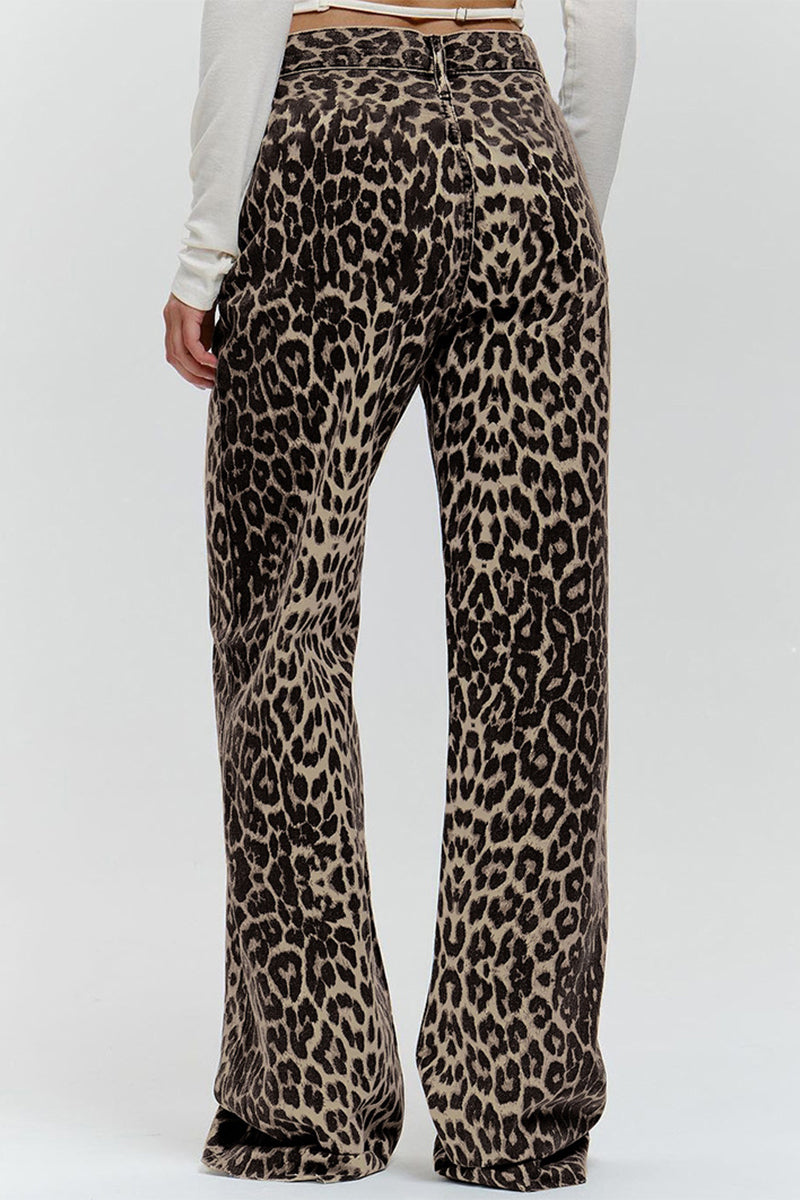 Stilla | Bred Bukser Med Leopardmønster, Mellemhøj Talje, Gade Print, Lige, Fuldt Trykt