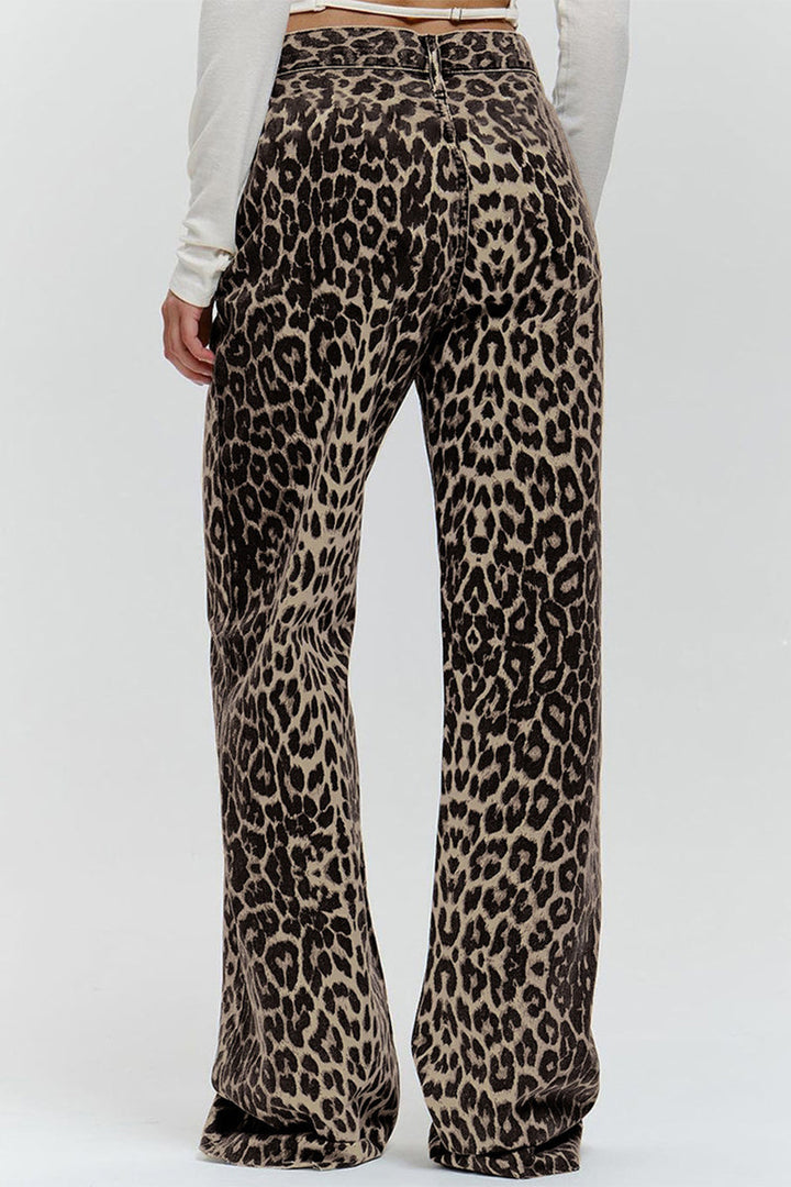 Stilla | Bred Bukser Med Leopardmønster, Mellemhøj Talje, Gade Print, Lige, Fuldt Trykt