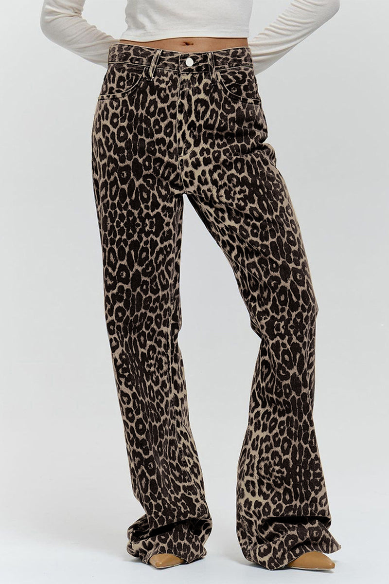 Stilla | Bred Bukser Med Leopardmønster, Mellemhøj Talje, Gade Print, Lige, Fuldt Trykt