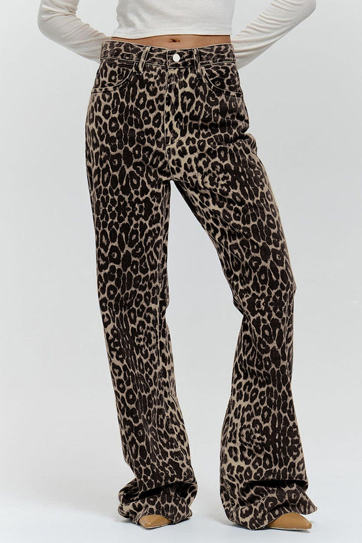 Stilla | Bred Bukser Med Leopardmønster, Mellemhøj Talje, Gade Print, Lige, Fuldt Trykt
