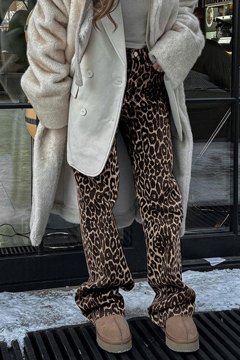Stilla | Bred Bukser Med Leopardmønster, Mellemhøj Talje, Gade Print, Lige, Fuldt Trykt