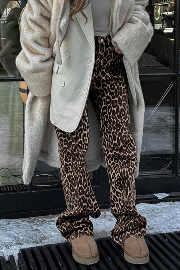 Stilla | Bred Bukser Med Leopardmønster, Mellemhøj Talje, Gade Print, Lige, Fuldt Trykt