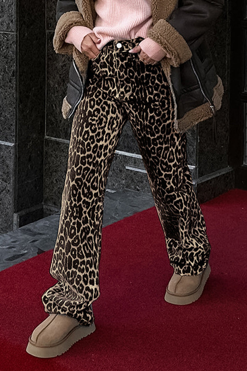 Stilla | Bred Bukser Med Leopardmønster, Mellemhøj Talje, Gade Print, Lige, Fuldt Trykt