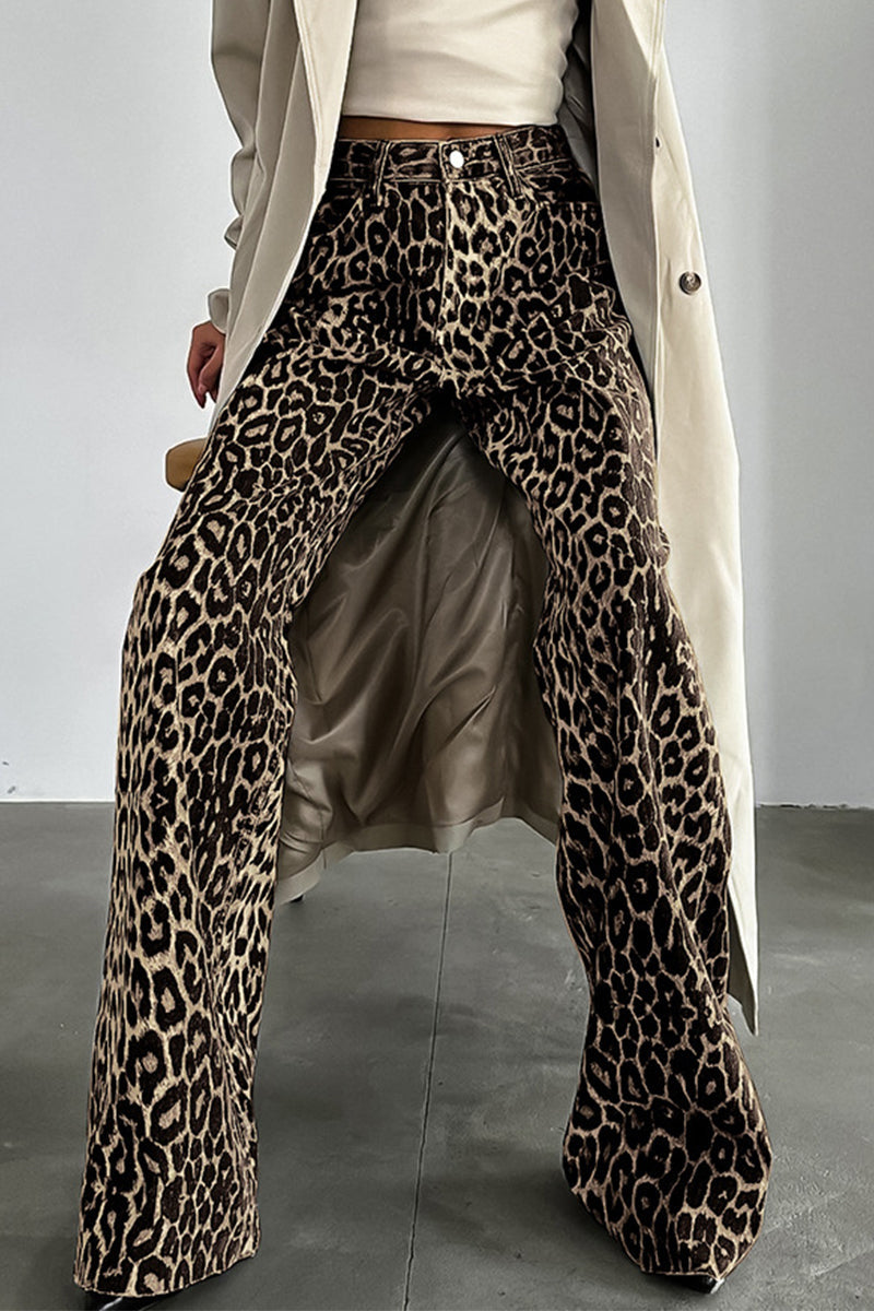 Stilla | Bred Bukser Med Leopardmønster, Mellemhøj Talje, Gade Print, Lige, Fuldt Trykt
