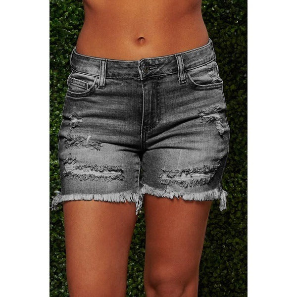 Damer ødelagte denim-shorts med frynset kant og høje sideskår Stilla