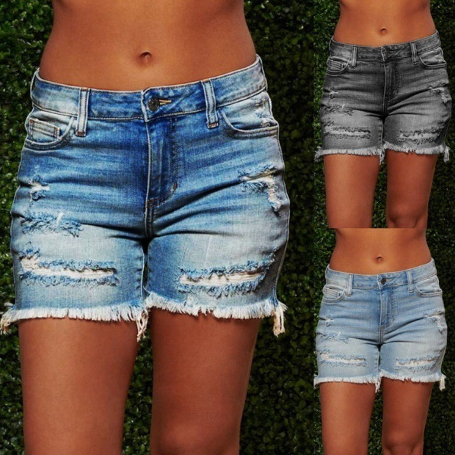 Damer ødelagte denim-shorts med frynset kant og høje sideskår Stilla