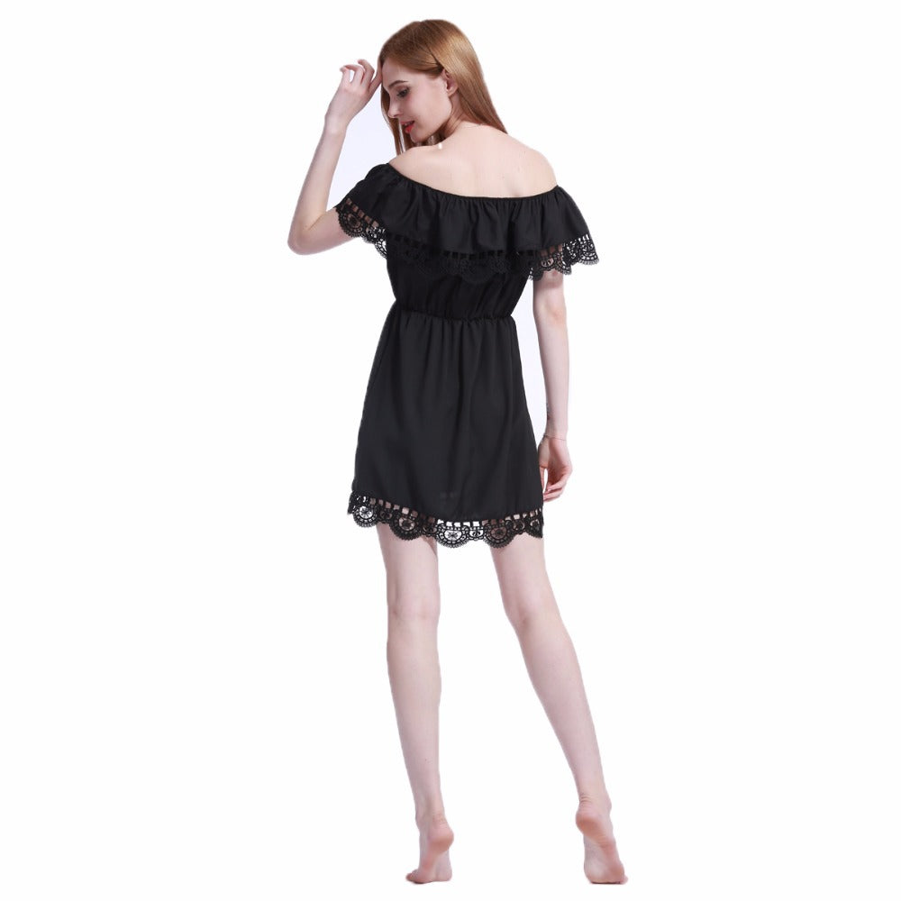 Dame Off-Shoulder Kjole med Spidsudsmykning og elastisk Talje Stilla